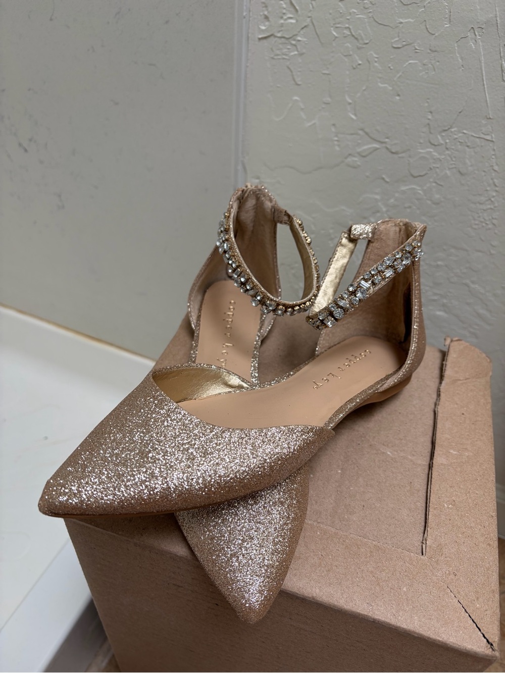 Copper Key Rose Gold Glitter Pointed Toe Flats with Crystal Ankle Strap